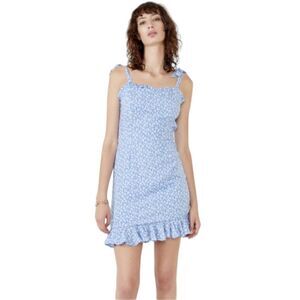 Bardot Paris Mini Flip Dress Blue Ditsy light blue white flowers ruffle hem XS